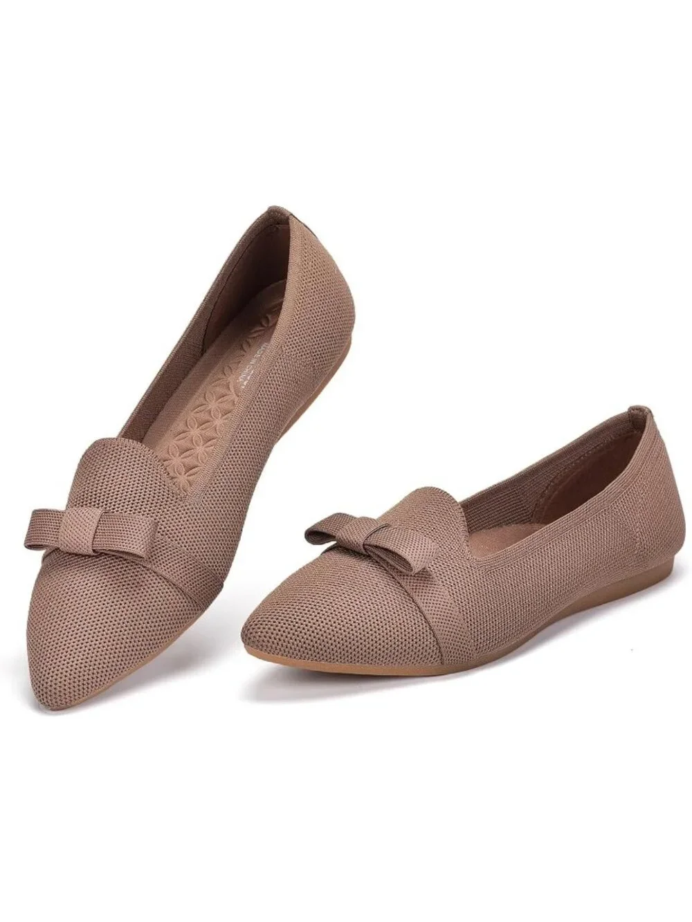 Women's Coffee Comfortable Knit Casual Pointed Toe Ballet Flats with Bow Shoes